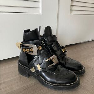 Balenciaga Black Leather Cutout Ankle Boots with Gold Buckle Detail